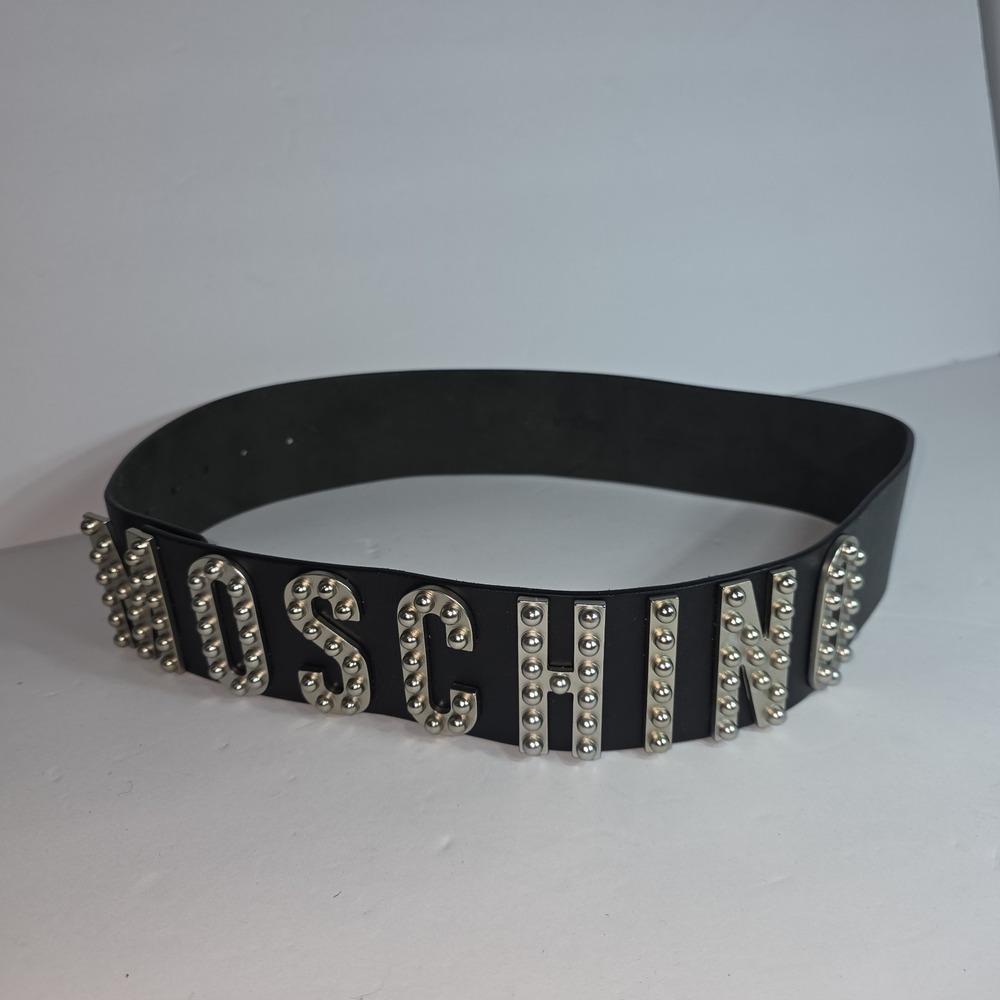 Moschino Milano Vintage Black Belt Silver Classic Logo Studded Sz 42 Authentic